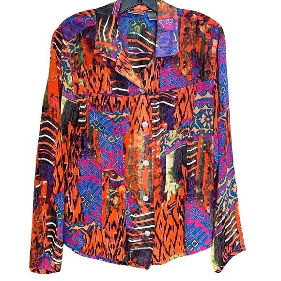 Chico’s sheer silk blouse long sleeve colorful festive party size medium 1 - Picture 1 of 4